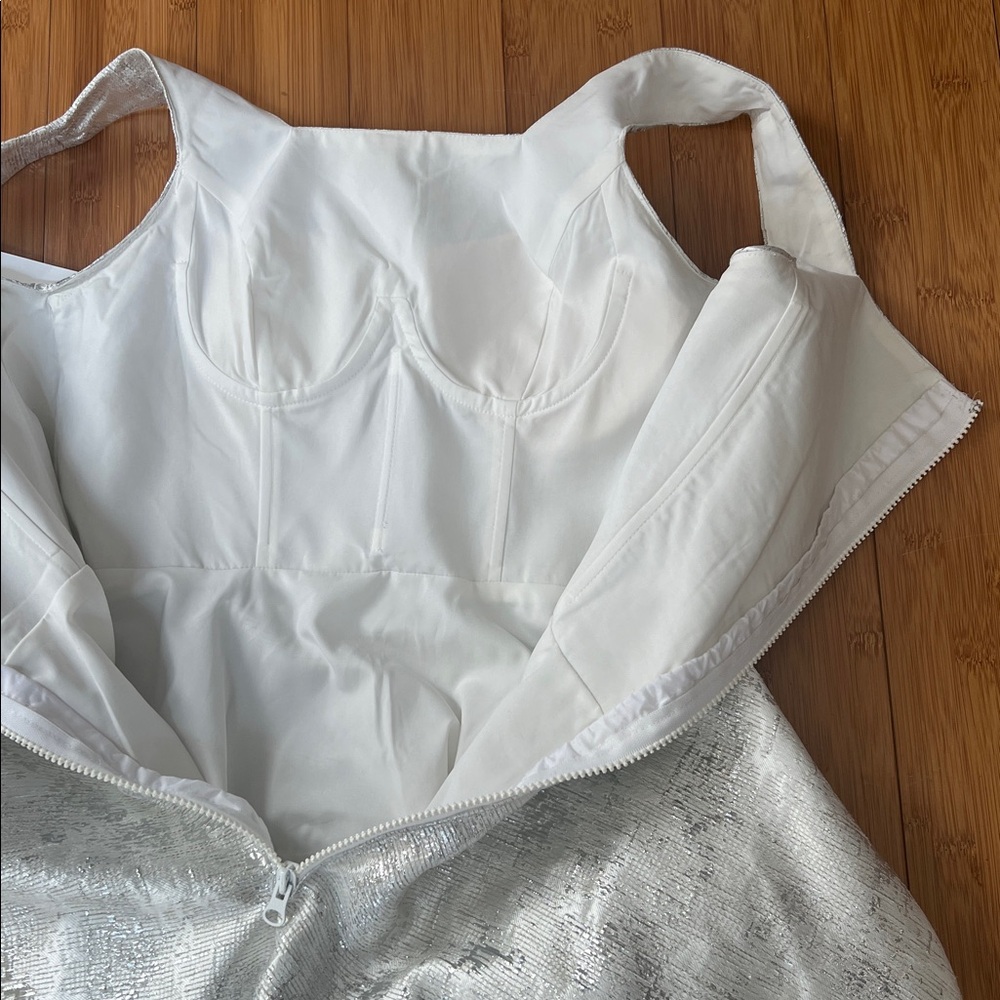 Mac Duggal Square Neck Sleeveless fit flare Dress Size 10 silver rhinestone - Picture 8 of 13